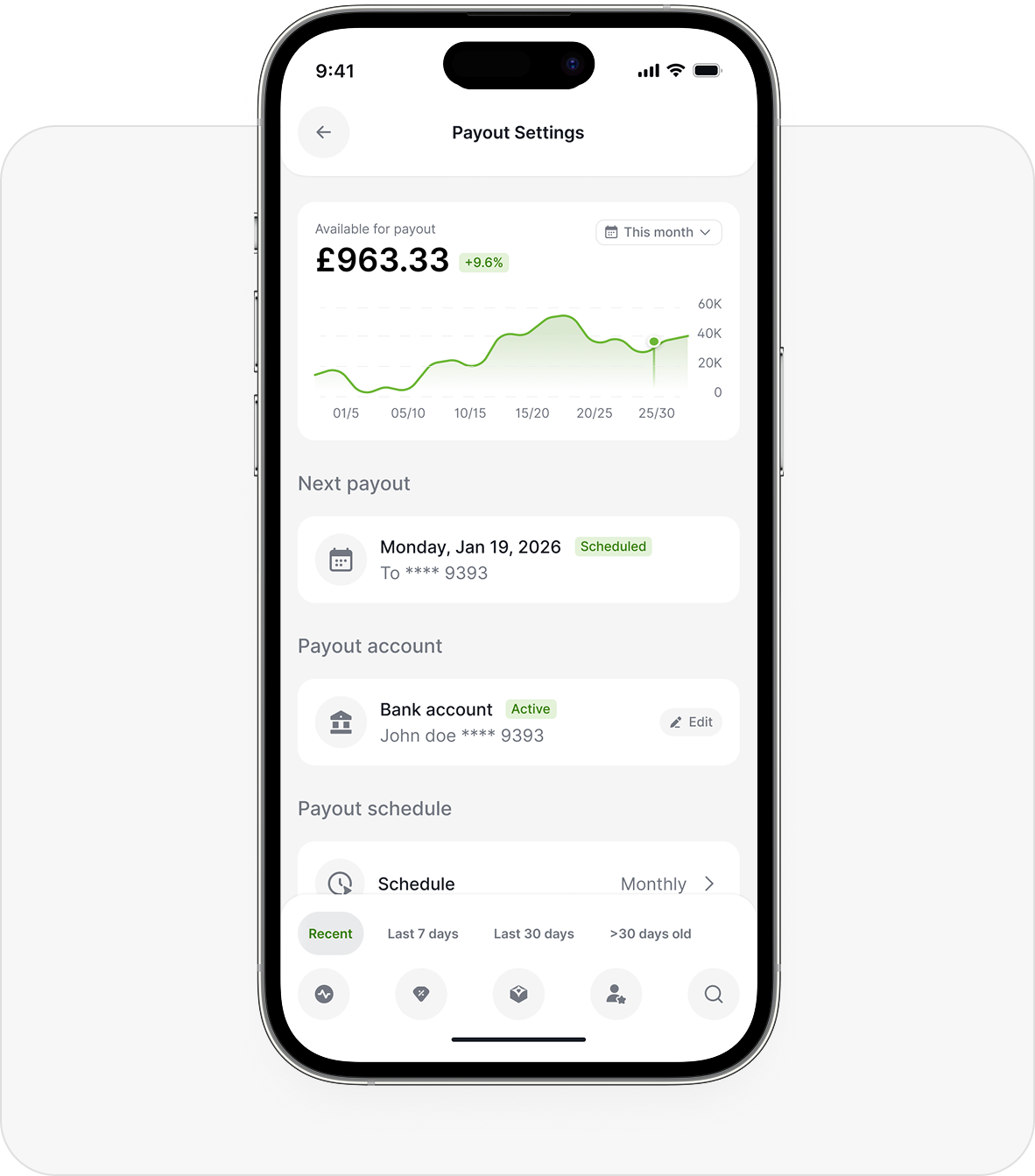 Aulax merchant app showing payout settings and revenue