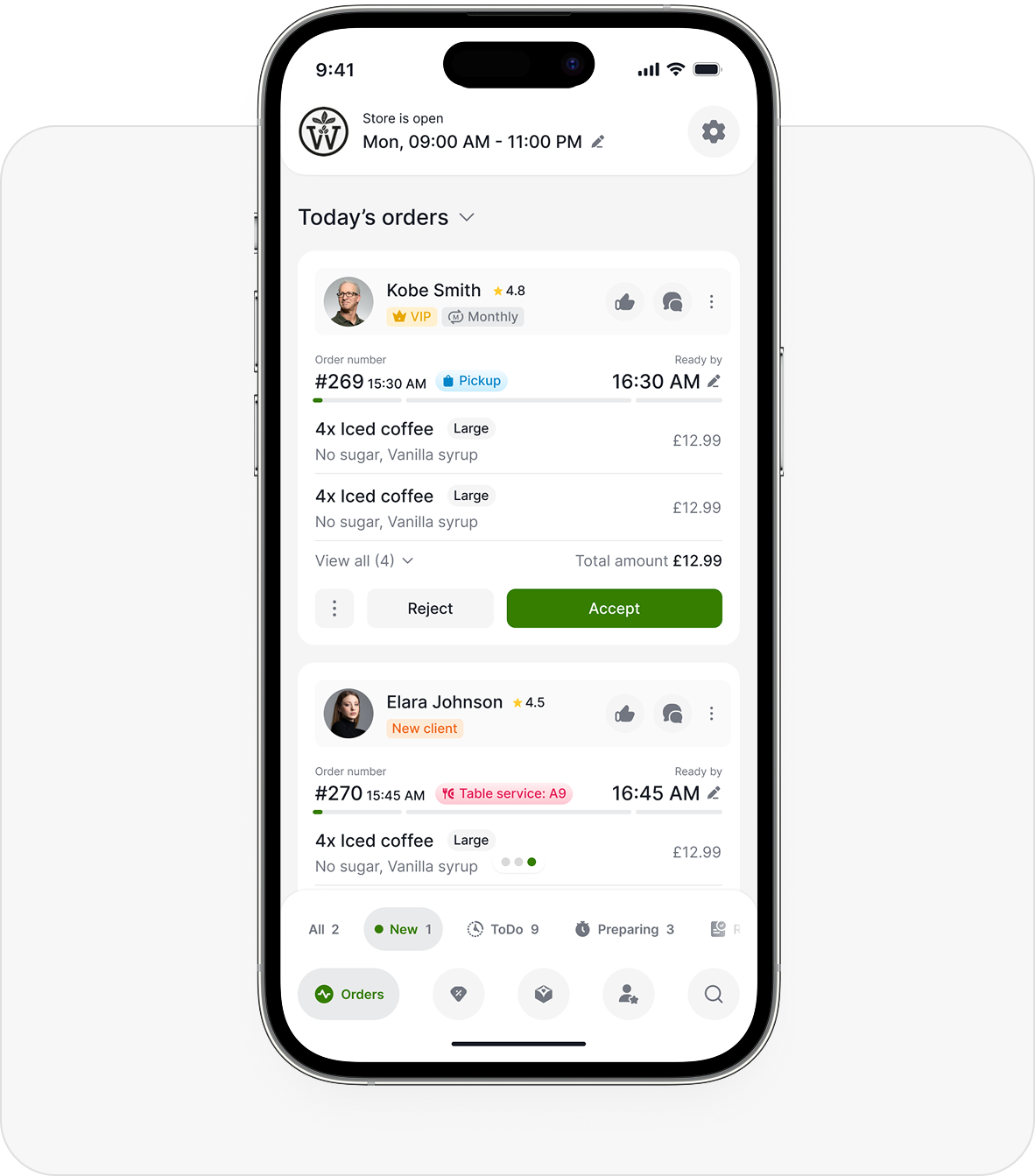 Aulax merchant app showing today's orders and order management