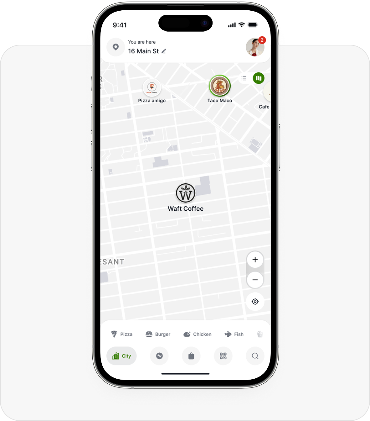 Aulax app city map showing nearby businesses