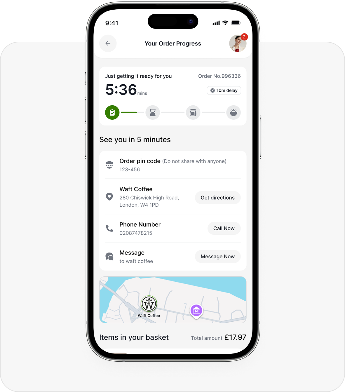 Aulax app showing order progress and pickup details