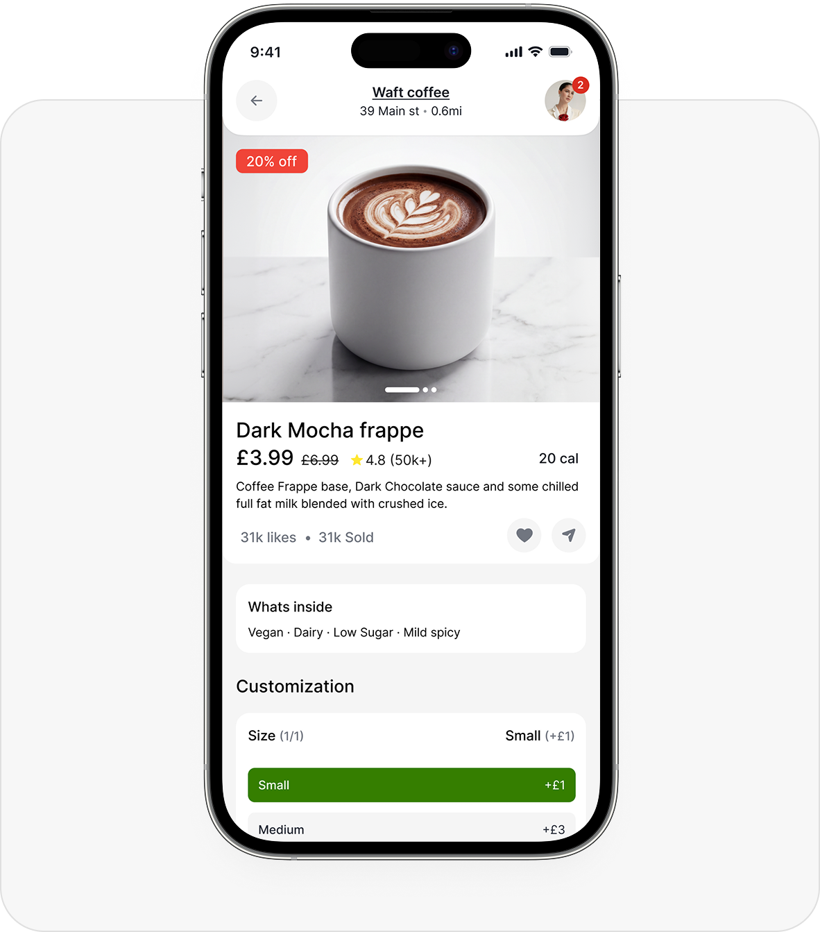 Aulax app showing product details for Dark Mocha frappe
